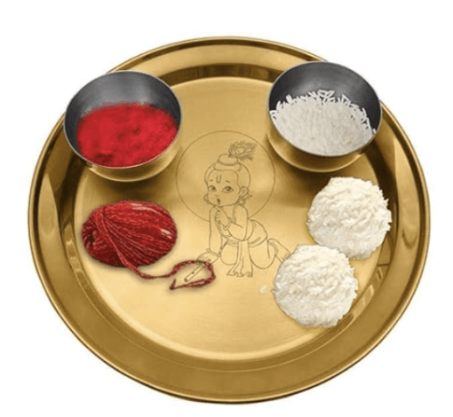 Shri & Sam High Grade Stainless Steel KANHA Pooja Thali Set with Gold PVD Coating,3-Pieces